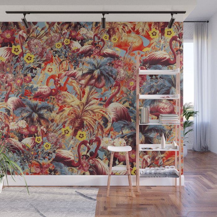 Flamingos and Floral Pattern Wall Mural Gallery Image 1