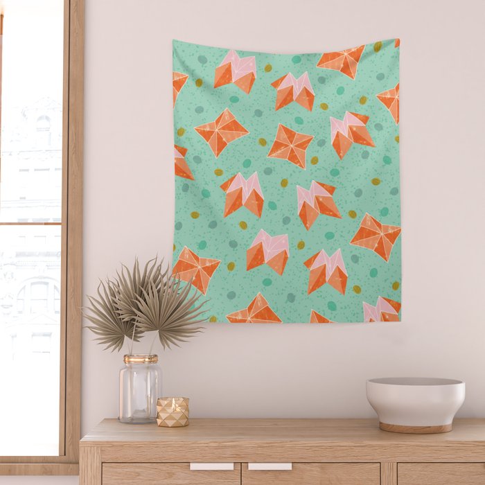 Origami Fortune Teller in Seafoam Green & Orange Wall Tapestry Gallery Image 2