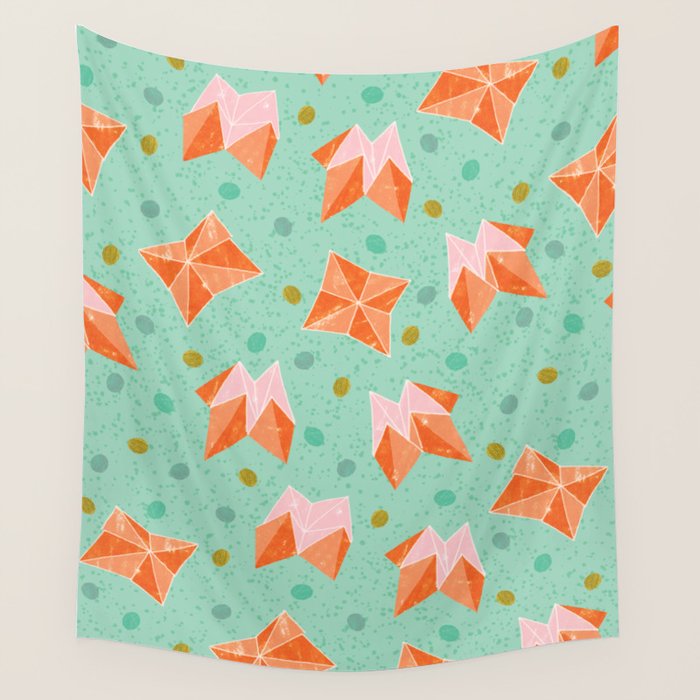 Origami Fortune Teller in Seafoam Green & Orange Wall Tapestry Gallery Image 4