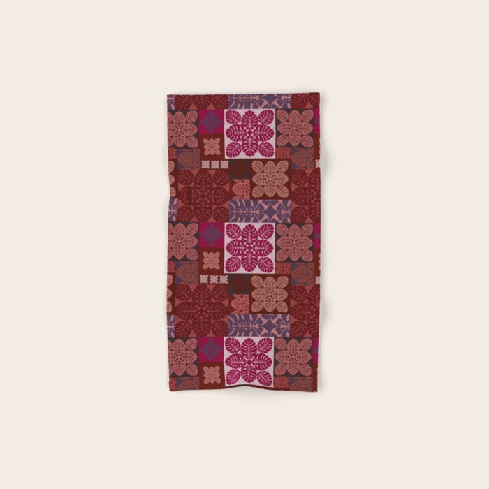 Hawaiian quilt Monstera pattern in maroon Bath Towel Gallery Image 1