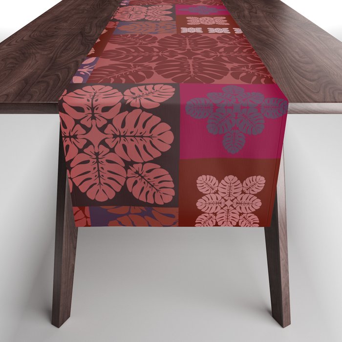 Hawaiian quilt Monstera pattern in maroon Table Runner