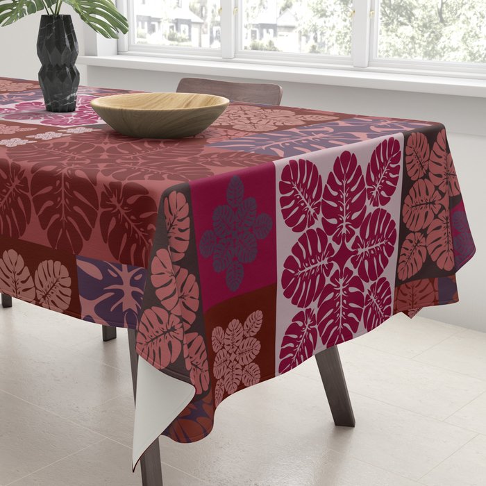 Hawaiian quilt Monstera pattern in maroon Tablecloth Gallery Image 3