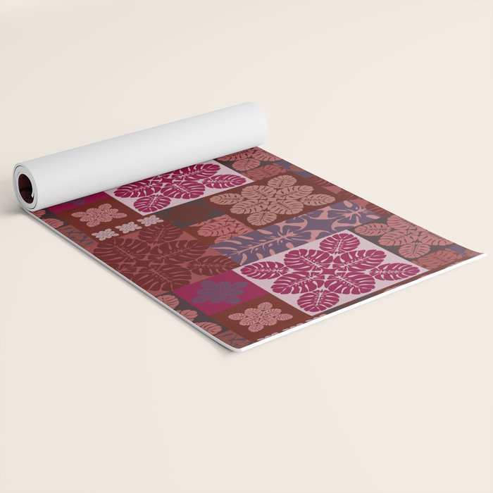 Hawaiian quilt Monstera pattern in maroon Yoga Mat Gallery Image 2