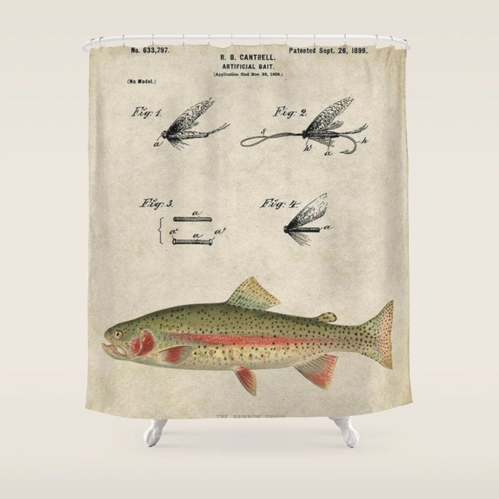 Vintage Rainbow Trout Fly Fishing Lure Patent Game Fish Identification Chart Shower Curtain