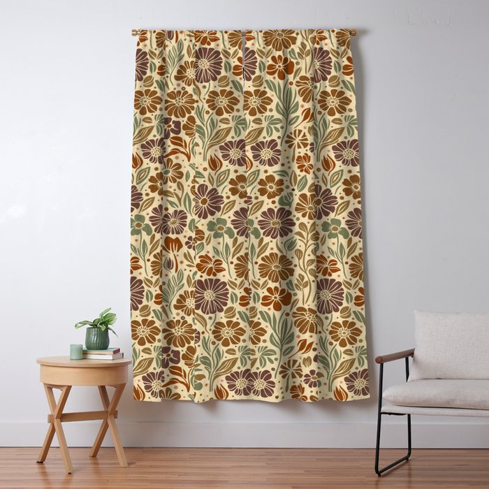 Eternal Summer Block Print Countryside Vibes Flower Earth Tones Window Curtain Gallery Image 1