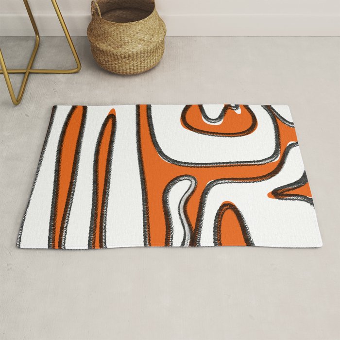 Mid Century Modern Abstract Kwaito in Orange Black White Rug Gallery Image 1