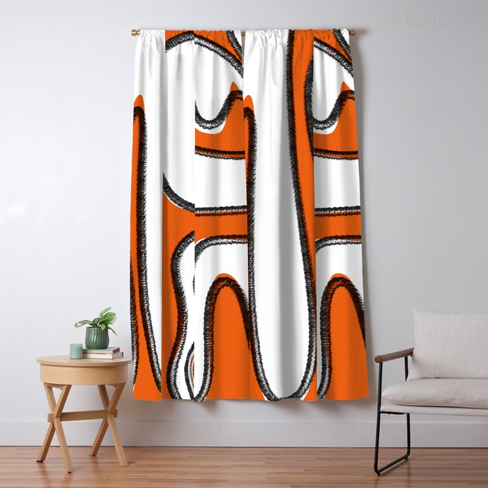 Mid Century Modern Abstract Kwaito in Orange Black White Window Curtain Gallery Image 5