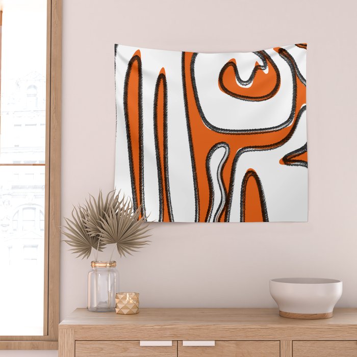 Mid Century Modern Abstract Kwaito in Orange Black White Wall Tapestry Gallery Image 2