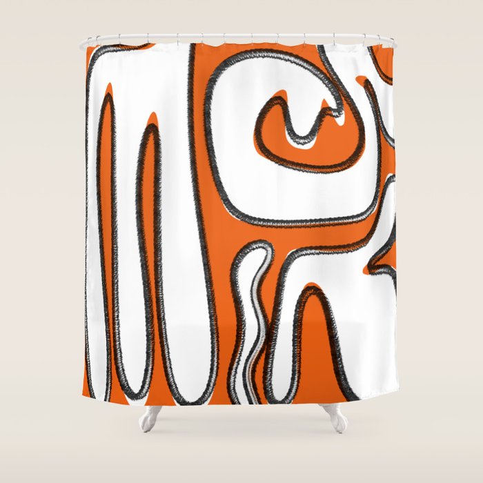Mid Century Modern Abstract Kwaito in Orange Black White Shower Curtain Gallery Image 1