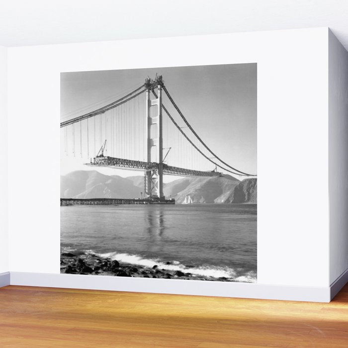Construction of the Golden Gate Bridge, 1935, San Francisco Bay black and white photograph Wall Mural Gallery Image 2