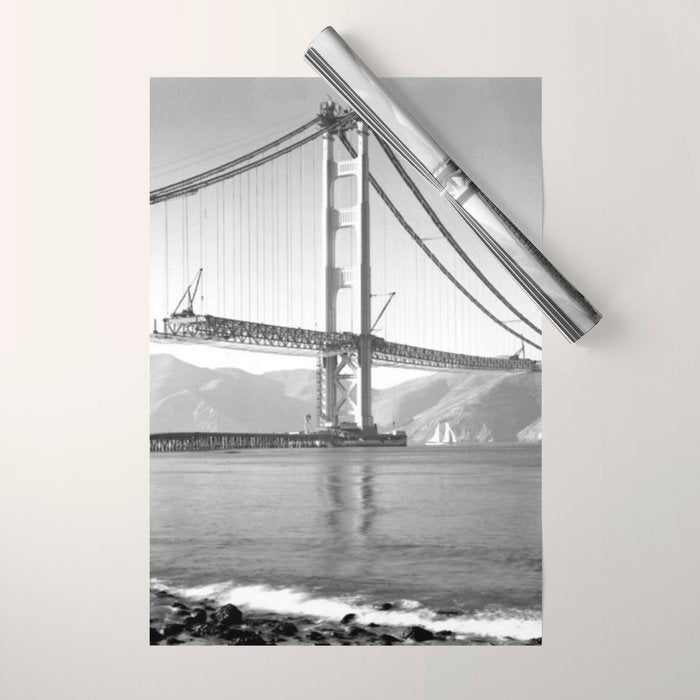 Construction of the Golden Gate Bridge, 1935, San Francisco Bay black and white photograph Wrapping Paper Gallery Image 1
