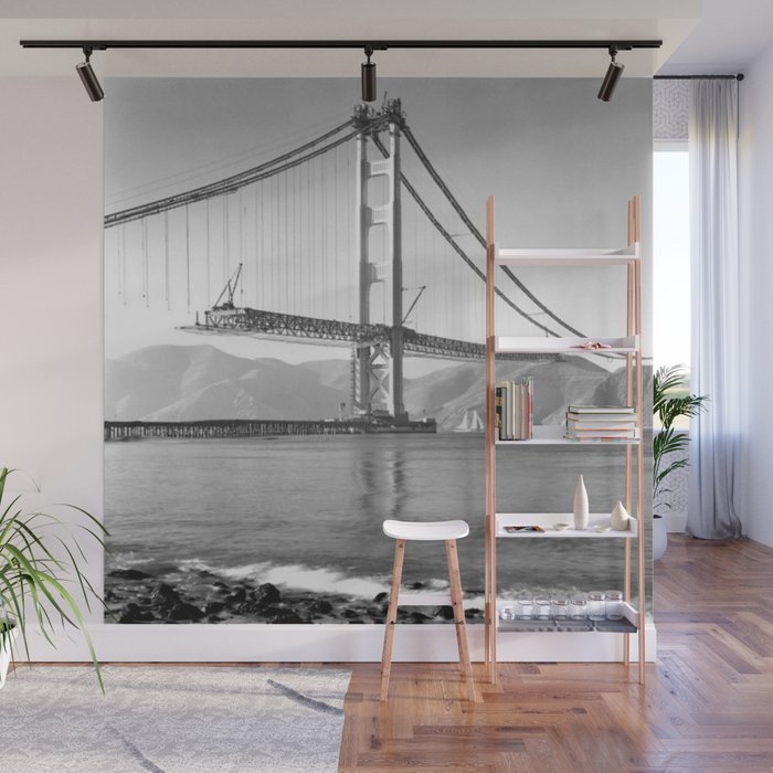 Construction of the Golden Gate Bridge, 1935, San Francisco Bay black and white photograph Wall Mural Gallery Image 1