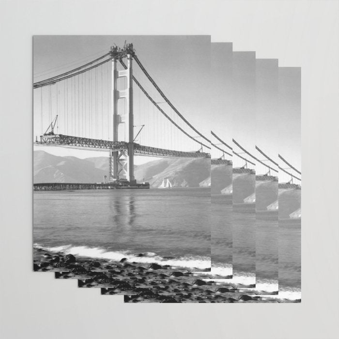 Construction of the Golden Gate Bridge, 1935, San Francisco Bay black and white photograph Wrapping Paper Gallery Image 3