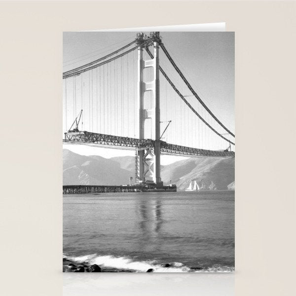 Construction of the Golden Gate Bridge, 1935, San Francisco Bay black and white photograph Stationery Card Gallery Image 1