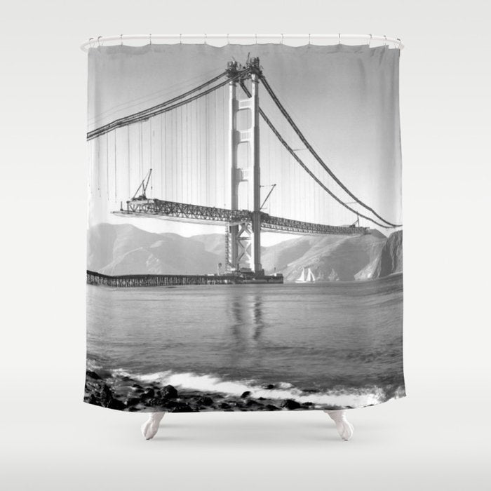 Construction of the Golden Gate Bridge, 1935, San Francisco Bay black and white photograph Shower Curtain Gallery Image 1