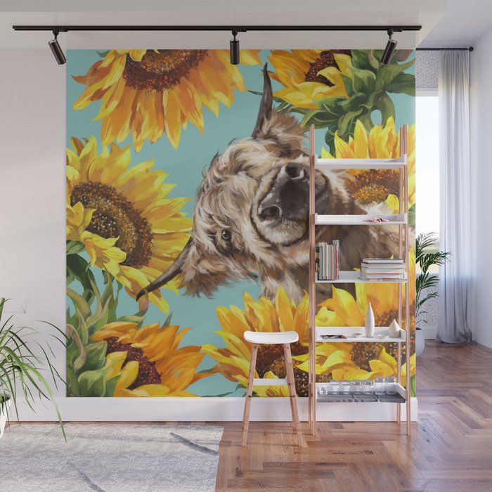 Highland Cow with Sunflowers in Blue Wall Mural Gallery Image 1