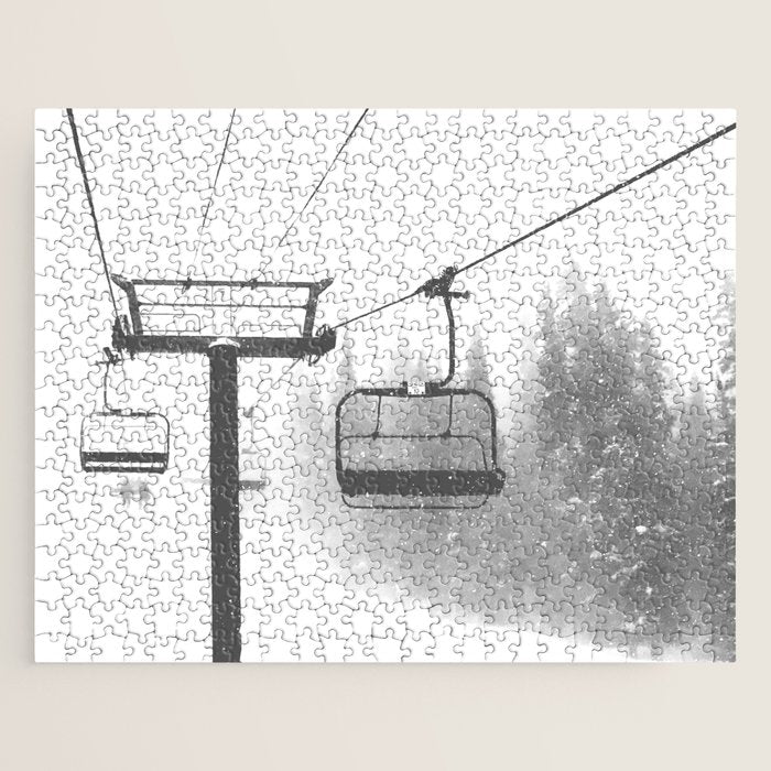 Chairlift Abyss // Black and White Chair Lift Ride to the Top Colorado Mountain Artwork Jigsaw Puzzle Gallery Image 1