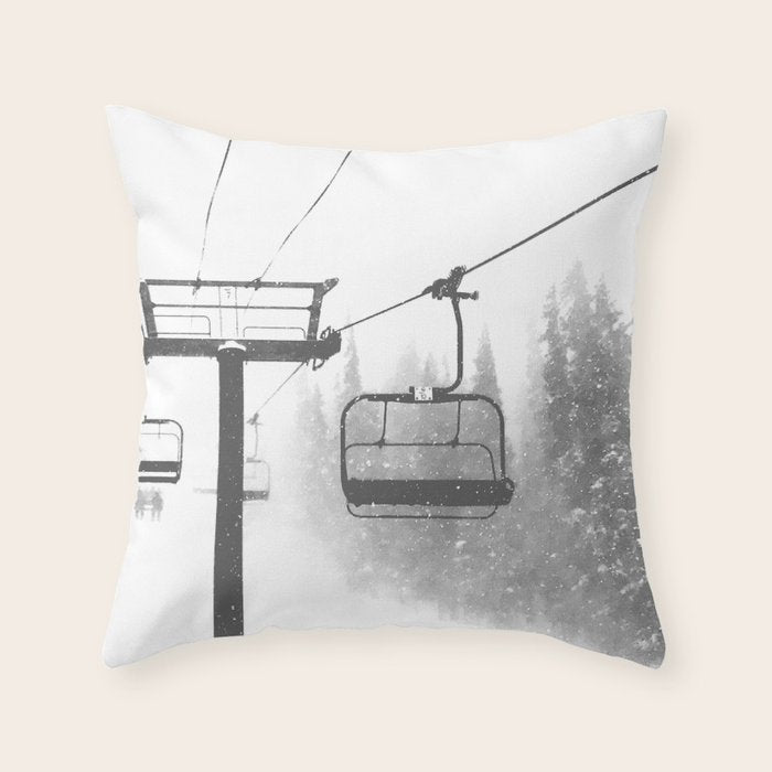 Chairlift Abyss // Black and White Chair Lift Ride to the Top Colorado Mountain Artwork Throw Pillow Gallery Image 1