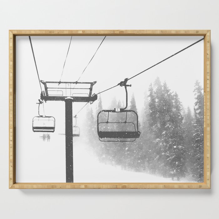 Chairlift Abyss // Black and White Chair Lift Ride to the Top Colorado Mountain Artwork Serving Tray Gallery Image 1
