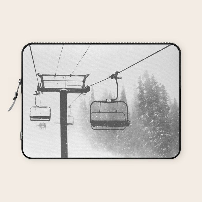 Chairlift Abyss // Black and White Chair Lift Ride to the Top Colorado Mountain Artwork Laptop Sleeve Gallery Image 1