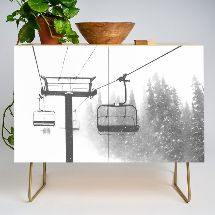Chairlift Abyss // Black and White Chair Lift Ride to the Top Colorado Mountain Artwork Credenza Gallery Image 1