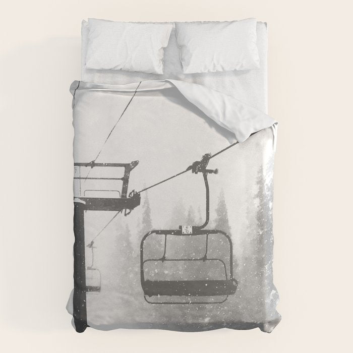 Chairlift Abyss // Black and White Chair Lift Ride to the Top Colorado Mountain Artwork Duvet Cover Gallery Image 1