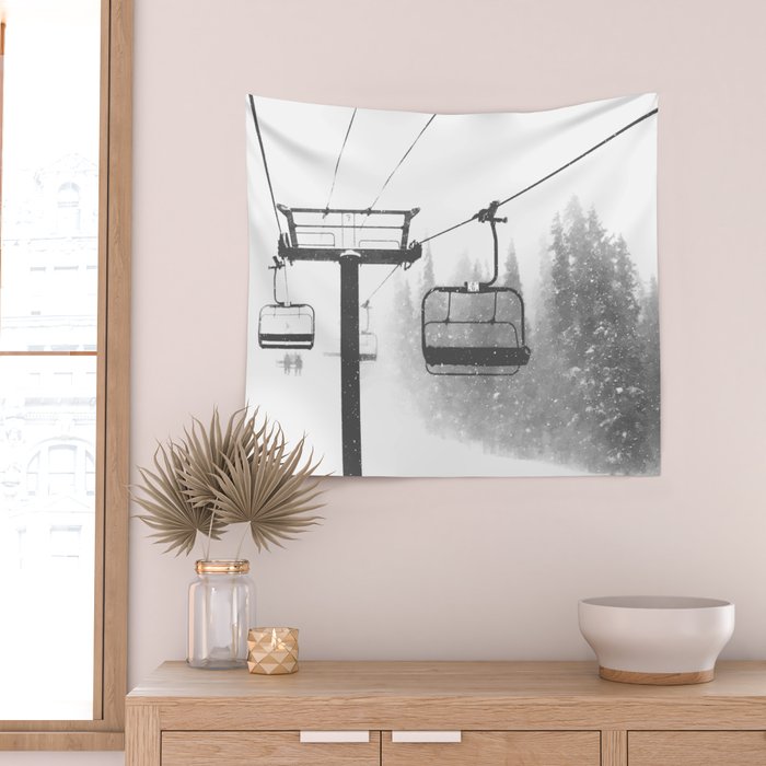Chairlift Abyss // Black and White Chair Lift Ride to the Top Colorado Mountain Artwork Wall Tapestry Gallery Image 2
