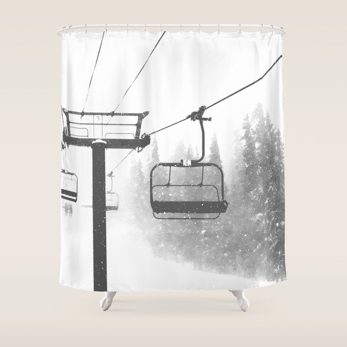 Chairlift Abyss // Black and White Chair Lift Ride to the Top Colorado Mountain Artwork Shower Curtain Gallery Image 1