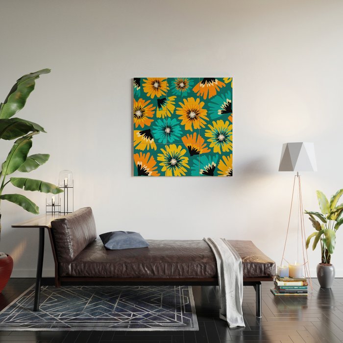 Teal Retro Summer Floral Wood Wall Art Gallery Image 2