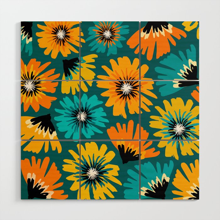 Teal Retro Summer Floral Wood Wall Art Gallery Image 1