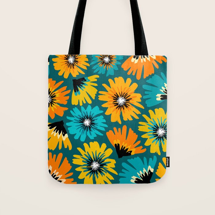 Teal Retro Summer Floral Tote Bag Gallery Image 1