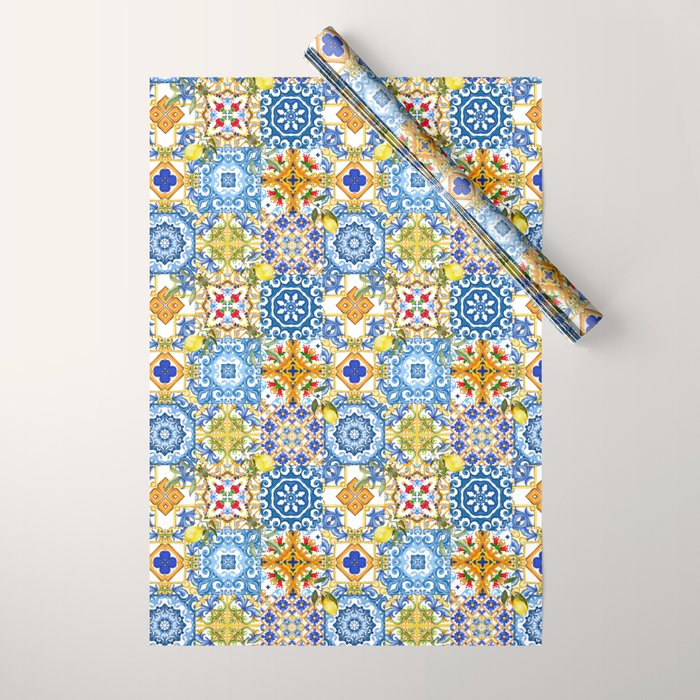 Mediterranean tiles,lemon art,mosaic tiles pattern  Wrapping Paper Gallery Image 1