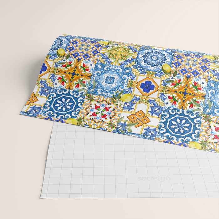 Mediterranean tiles,lemon art,mosaic tiles pattern  Wrapping Paper Gallery Image 2