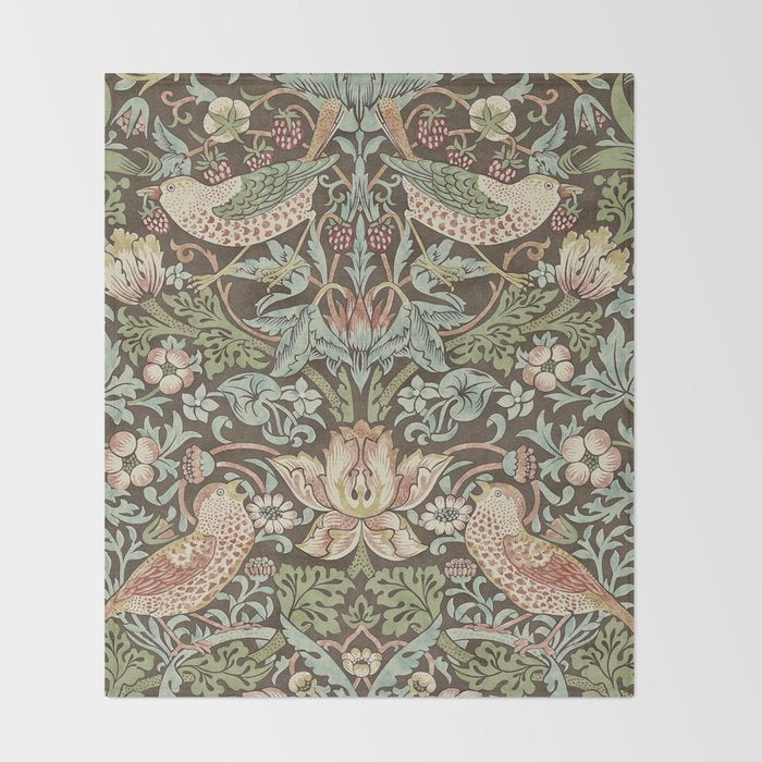 William Morris Vintage Strawberry Thief Chocolate Brown Slate Throw Blanket Gallery Image 2