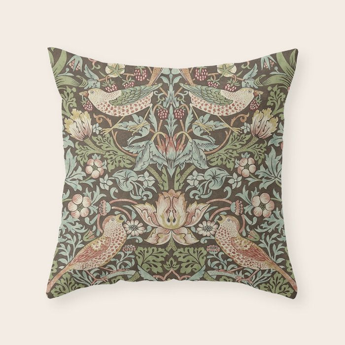 William Morris Vintage Strawberry Thief Chocolate Brown Slate Throw Pillow Gallery Image 1