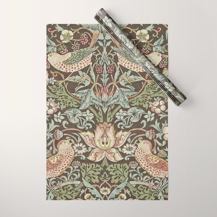William Morris Vintage Strawberry Thief Chocolate Brown Slate Wrapping Paper Gallery Image 1