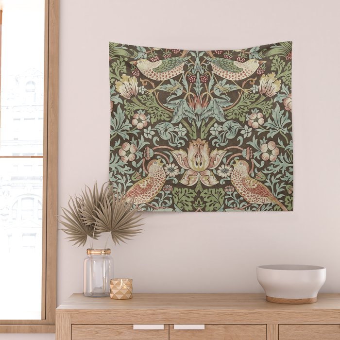 William Morris Vintage Strawberry Thief Chocolate Brown Slate Wall Tapestry Gallery Image 2