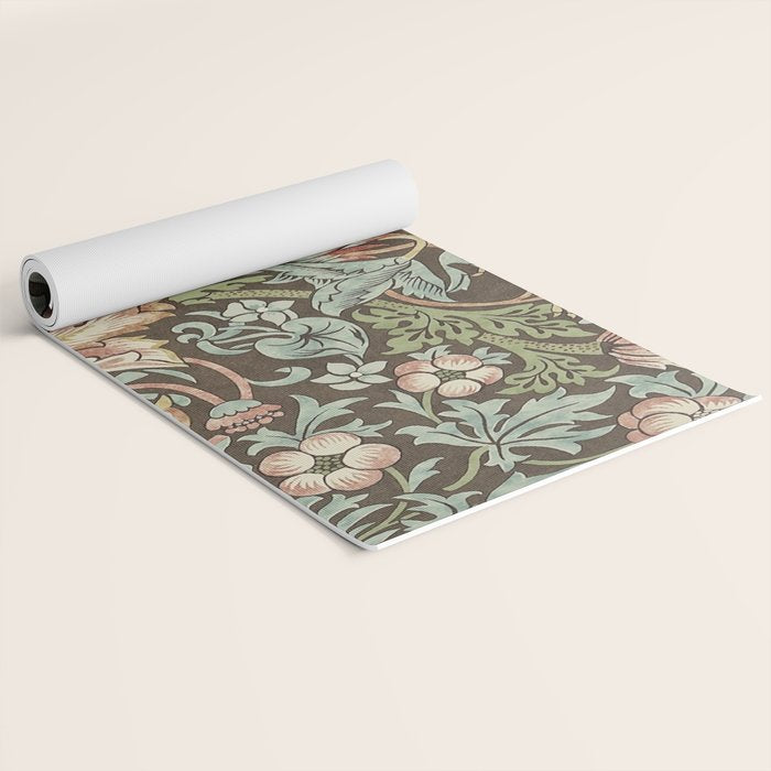 William Morris Vintage Strawberry Thief Chocolate Brown Slate Yoga Mat Gallery Image 2