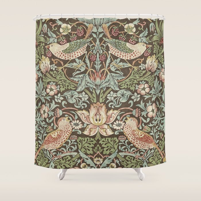 William Morris Vintage Strawberry Thief Chocolate Brown Slate Shower Curtain Gallery Image 1