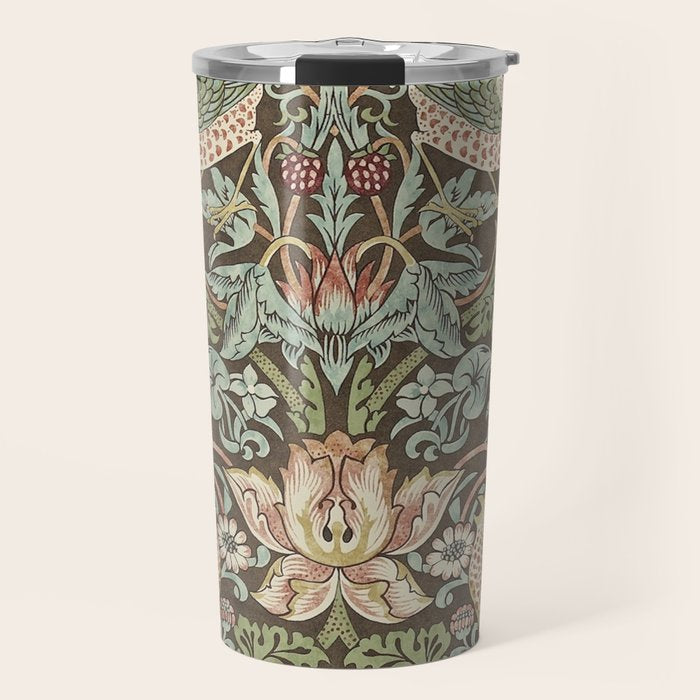 William Morris Vintage Strawberry Thief Chocolate Brown Slate Travel Mug Gallery Image 1