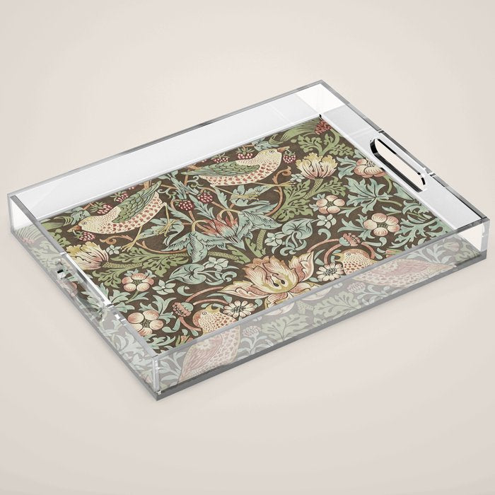 William Morris Vintage Strawberry Thief Chocolate Brown Slate Acrylic Tray Gallery Image 1