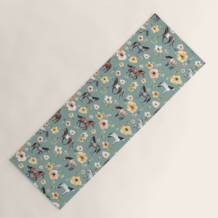 Horses and Sunrise Blue Floral, Horse Love, Wild Horses, Yellow and Pink Flowers Yoga Mat Gallery Image 1