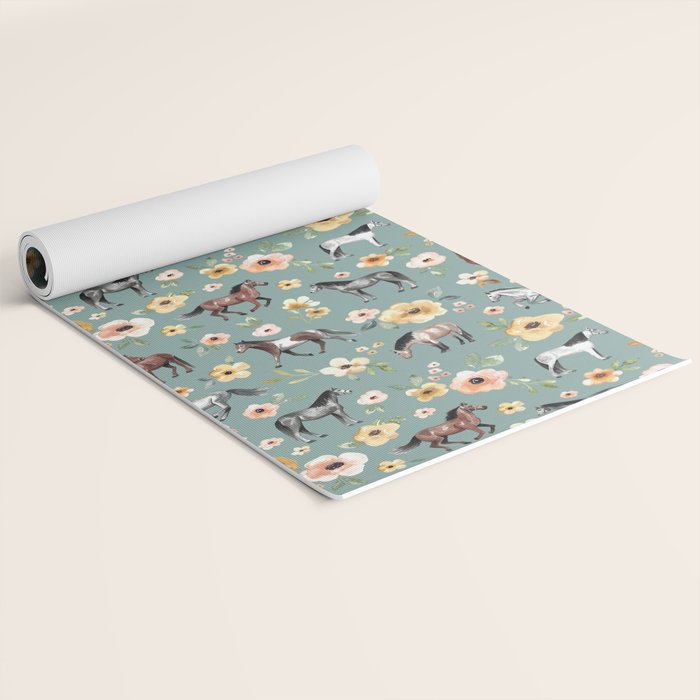 Horses and Sunrise Blue Floral, Horse Love, Wild Horses, Yellow and Pink Flowers Yoga Mat Gallery Image 2