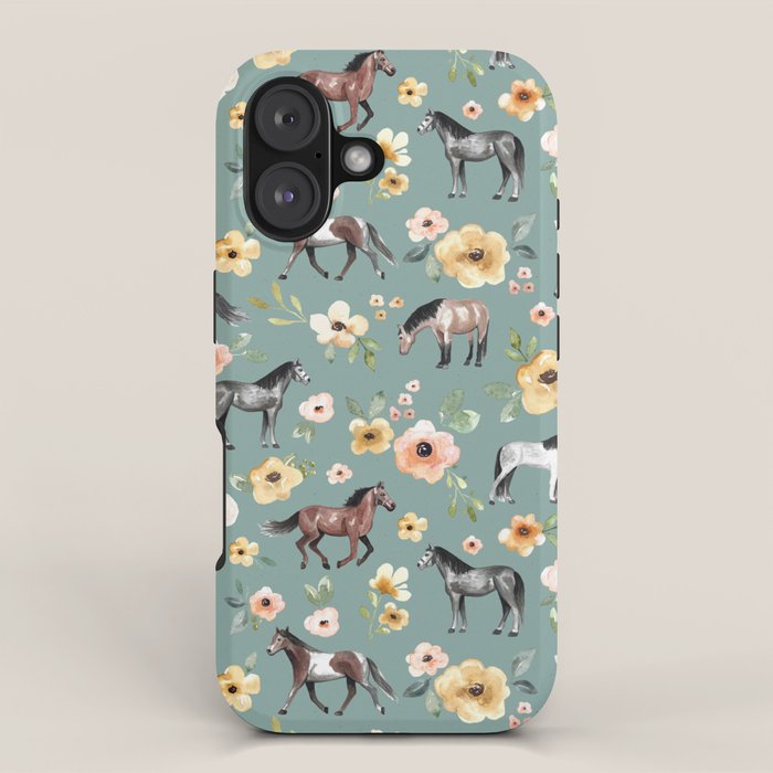 Horses and Sunrise Blue Floral, Horse Love, Wild Horses, Yellow and Pink Flowers iPhone Case Gallery Image 1