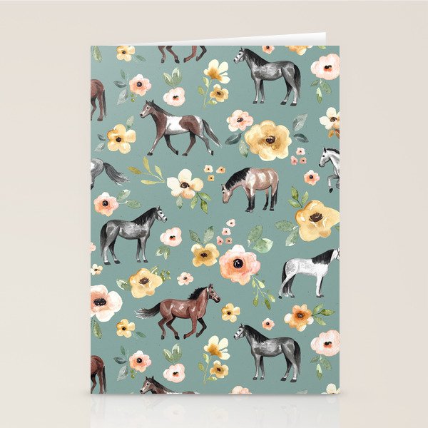 Horses and Sunrise Blue Floral, Horse Love, Wild Horses, Yellow and Pink Flowers Stationery Card Gallery Image 1