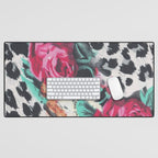 Vintage black white pink floral cheetah animal print Desk Mat Gallery Image 1
