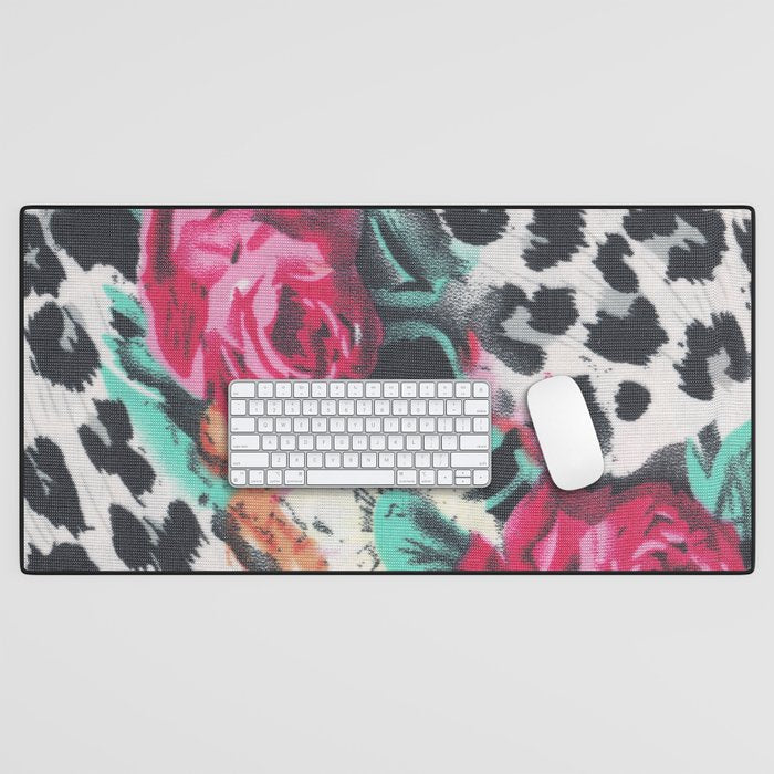 Vintage black white pink floral cheetah animal print Desk Mat Gallery Image 1