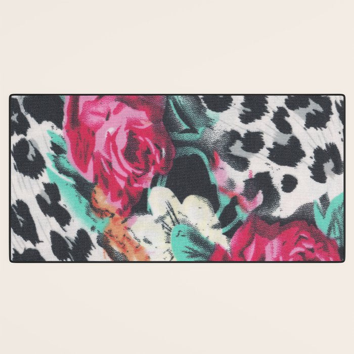 Vintage black white pink floral cheetah animal print Desk Mat Gallery Image 3