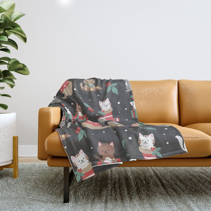 Christmas Festive Cute Holiday Kittens on Dark Throw Blanket Gallery Image 1