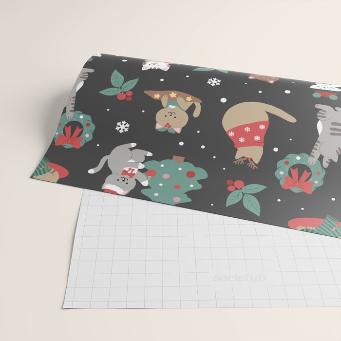 Christmas Festive Cute Holiday Kittens on Dark Wrapping Paper Gallery Image 2